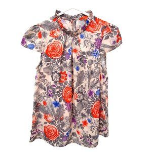 Modcloth Womens Top XS Chiffon Short Sleeve Floral Ruffle High Neck Beige